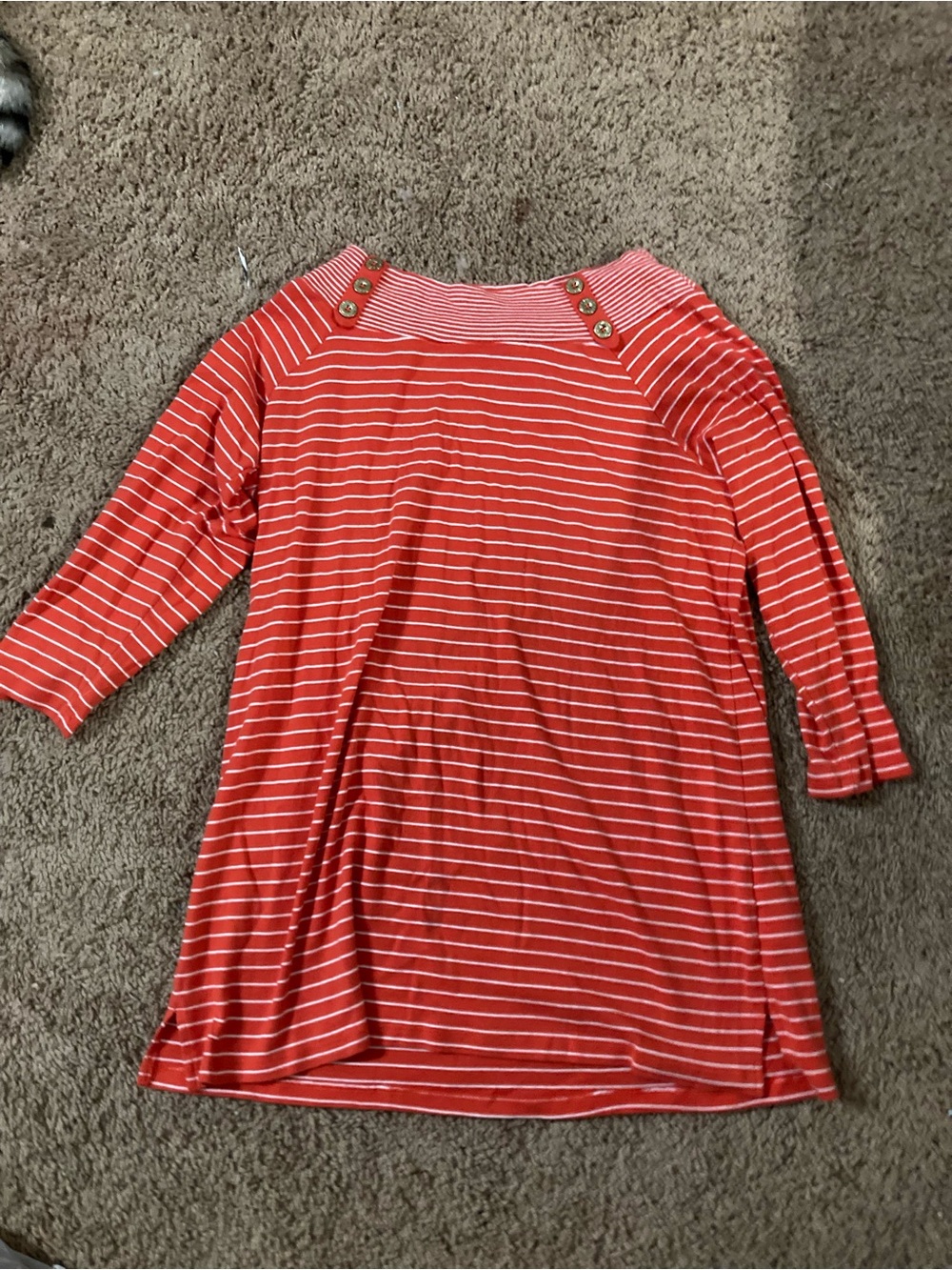 Jones New York Orange & White Striped Button-Shoulder Top